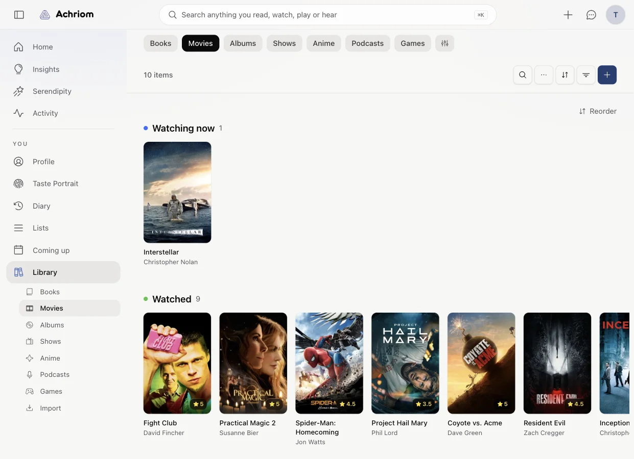 The Achriom library: movies grouped under Watching now and Watched, each cover with its star rating, and tabs for books, albums, shows, anime, podcasts and games
